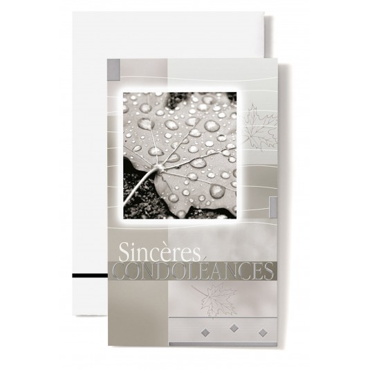 Carte Double Condol&eacute;ances Feuille, gouttes d'eau