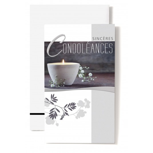 Carte Double Condol&eacute;ances Bougie blanche, petites fleurs blanches