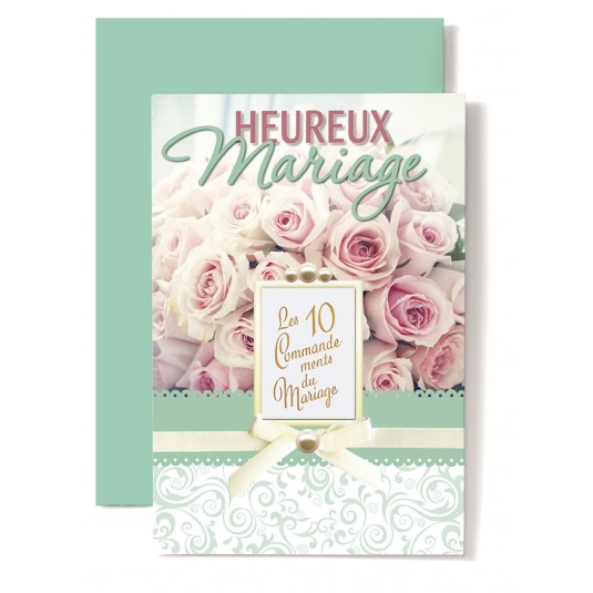 Carte Double Mariage Dix commandements sur bouquet de roses rose