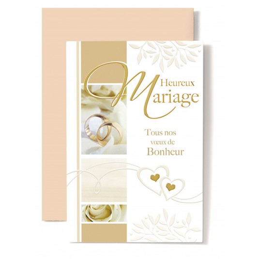 Carte Double Mariage Alliances, rose blanche, 2 petits coeurs or