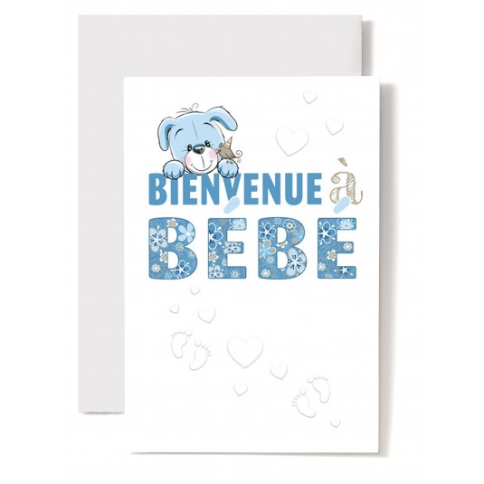 Carte Double Naissance T&ecirc;te de chiot bleue