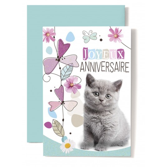Carte Double Anniversaire Chaton gris