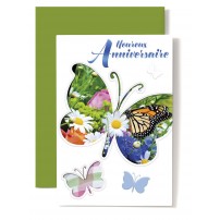 Carte Double Anniversaire Papillon sur fond fleurs, &eacute;criture bleue
