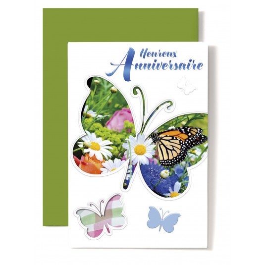 Carte Double Anniversaire Papillon sur fond fleurs, &eacute;criture bleue
