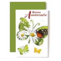 Carte Double Anniversaire Papillon sur fond marguerites, &eacute;criture rouge
