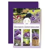 Carte Double Anniversaire Jardin, lilas dans panier, fleurs dans arrosoir