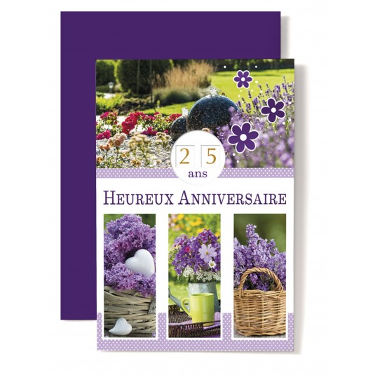 Carte Double Anniversaire Jardin, lilas dans panier, fleurs dans arrosoir
