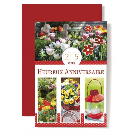 Carte Double Anniversaire Jardin, tulipes, v&eacute;lo, lanterne