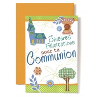 Carte Double Communion Coupe, &eacute;glise, arbre.