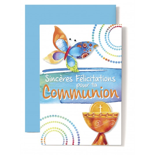 Carte Double Communion Coupe orange et jaune, papillon multicolore.