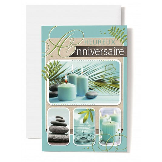 Carte Double Anniversaire Galets, bougie bleue.