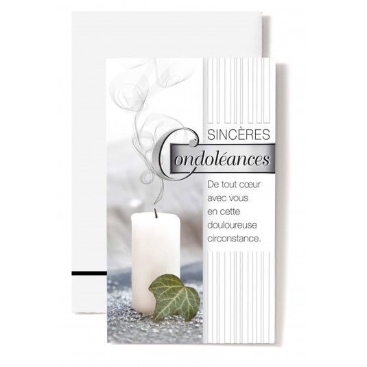 Carte Double Condol&eacute;ances Bougie blanche, feuille verte