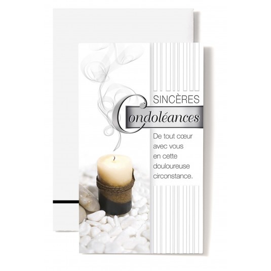 Carte Double Condol&eacute;ances Bougie noire, brune, beige sur cailloux blanc