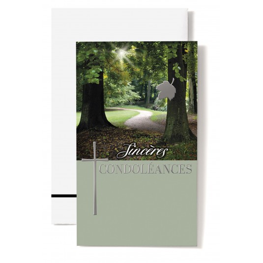 Carte Double Condol&eacute;ances Chemin dans for&ecirc;t, croix