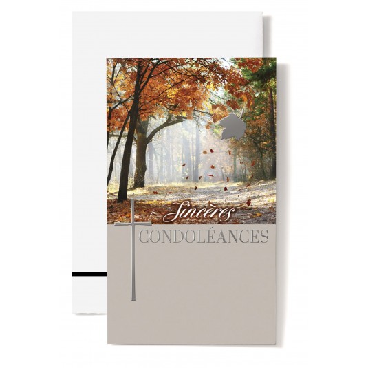 Carte Double Condoléances Forêt en automne, croix, feuille argentée