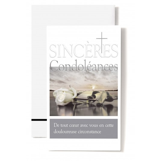 Carte Double Condol&eacute;ances Rose blanche sur plage, croix