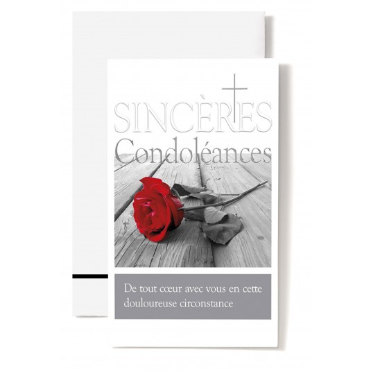 Carte Double Condol&eacute;ances Rose rouge sur planche, croix