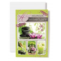Carte Double Anniversaire N&eacute;nuphare, galets, bambou, bougie verte.
