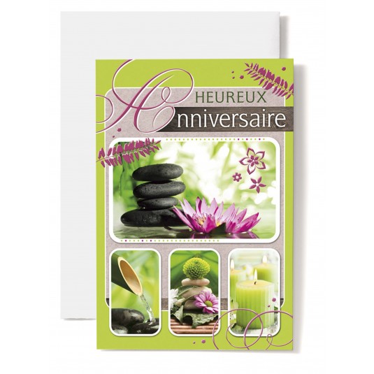 Carte Double Anniversaire Nénuphare, galets, bambou, bougie verte.
