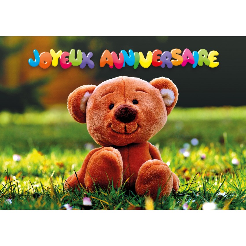 Carte Double Anniversaire Ourson En Peluche Pose Sur L Herbe