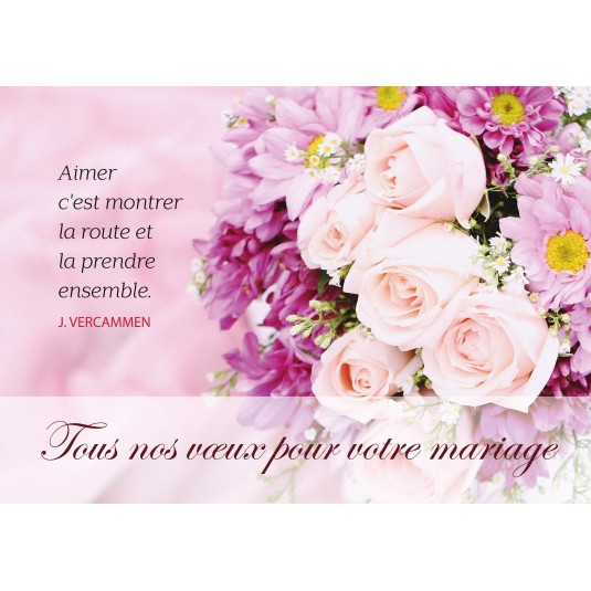 Carte Double Mariage Bouquet de fleurs roses, blanches, fond rose
