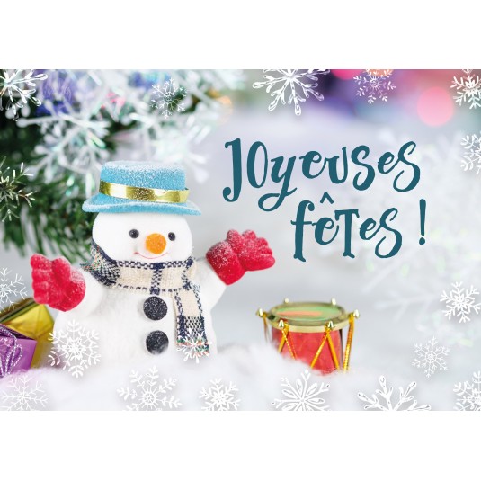 Carte Fin D'année Bonhomme de neige dans un décor de Noël (JF)
