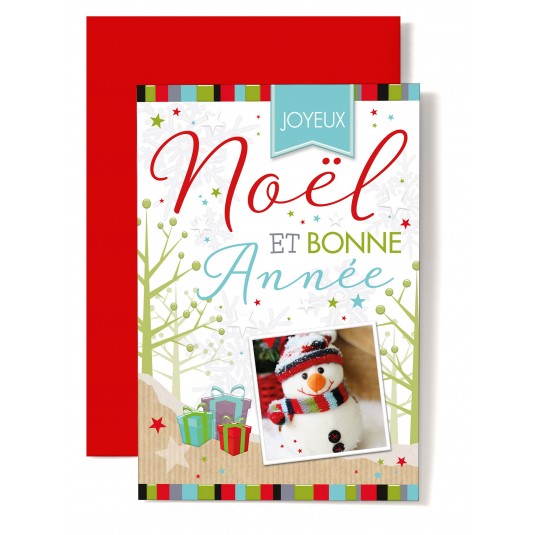 Carte Double Fin D'année JNBN Photo bonhomme de neige, décor dessiné