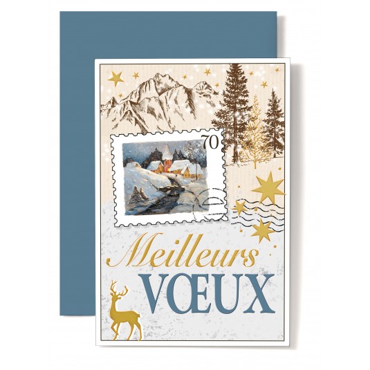 CARTE DOUBLE Meilleurs V&oelig;ux Timbre, paysage de neige dessin&eacute; et cerf