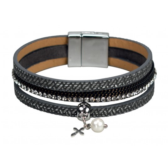 Bracelet anneaux mutliples, croix pendentif, simili-cuir, argenté