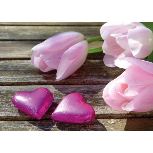 Carte Sans Texte Tulipes et cœurs roses sur une table