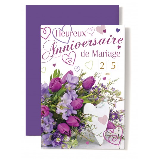 Carte Double Anniversaire De Mariage Coeur blanc, bouquet tulipes mauve
