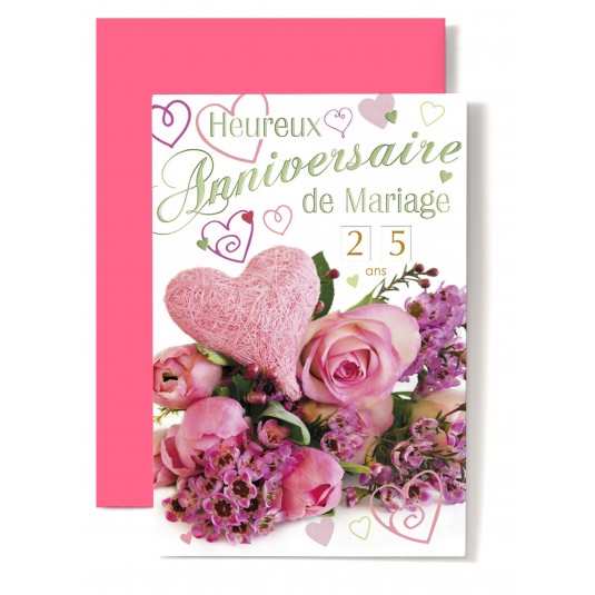 Carte Double Anniversaire De Mariage Coeur rose, roses rose