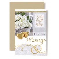 Carte Double Mariage Coeurs dor&eacute;, bouquet de roses blanche