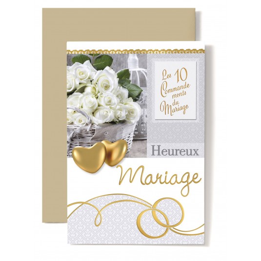 Carte Double Mariage Coeurs dor&eacute;, bouquet de roses blanche