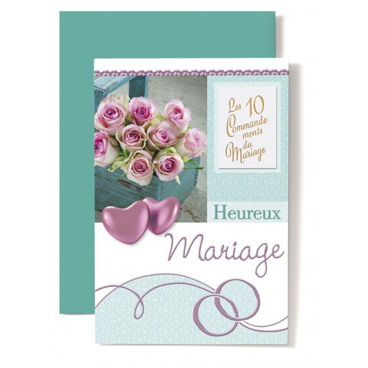 Carte Double Mariage Coeurs rose, bouquet de roses rose