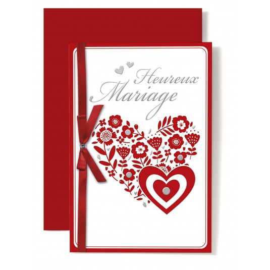 Carte Double Mariage Coeurs en fleurs, rouge