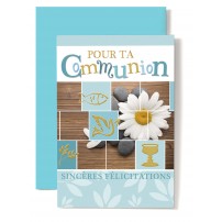 Carte Double Communion Marguerite sur galets, poisson, colombe, coupe