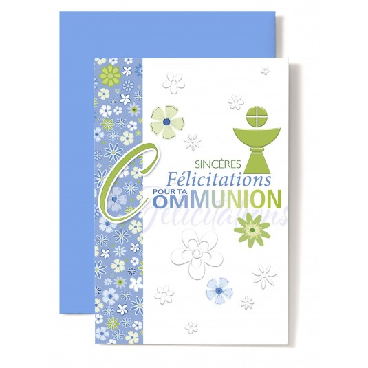Carte Double Communion Coupe verte bande fleurie bleue