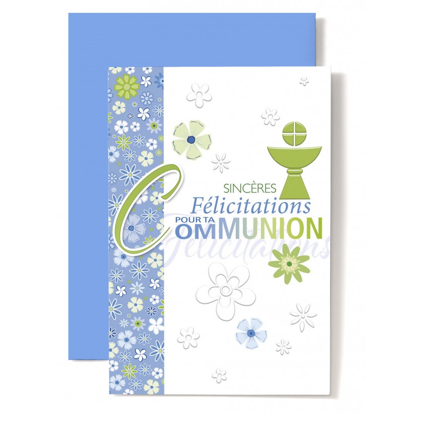 Carte Double Communion Coupe Verte Bande Fleurie Bleue