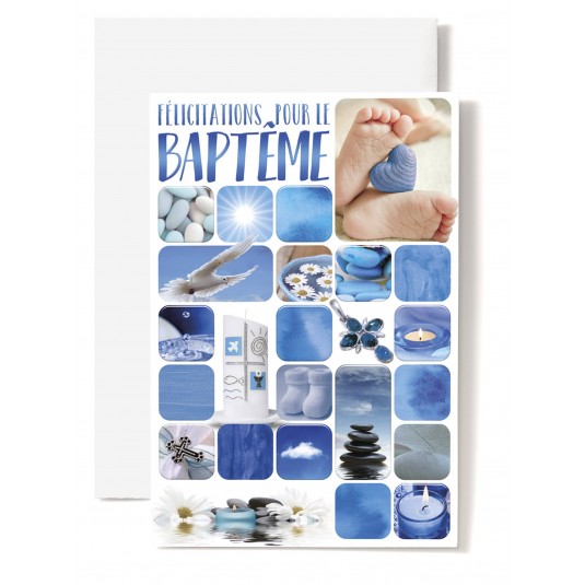 Carte Double Bapteme Mosa&iuml;que th&egrave;me b&eacute;b&eacute; bleu