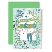 Carte Double Naissance V&ecirc;tements b&eacute;b&eacute; sur fil, tons verts