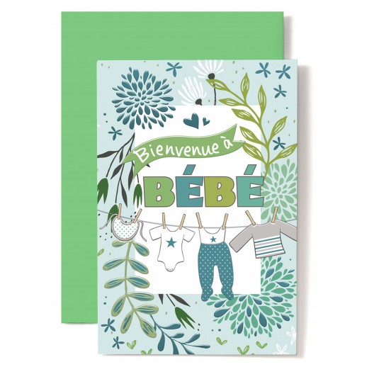 Carte Double Naissance V&ecirc;tements b&eacute;b&eacute; sur fil, tons verts
