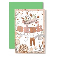 Carte Double Naissance V&ecirc;tements b&eacute;b&eacute; sur fil, tons orang&eacute;s