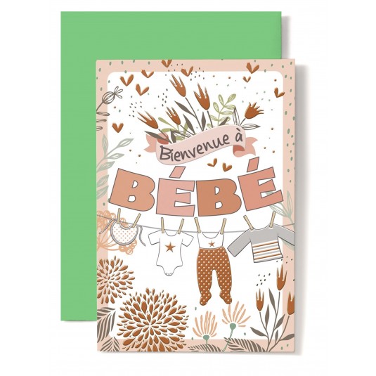 Carte Double Naissance V&ecirc;tements b&eacute;b&eacute; sur fil, tons orang&eacute;s