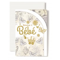 Carte Double Naissance T&eacute;tine et landeau dor&eacute;, papillons