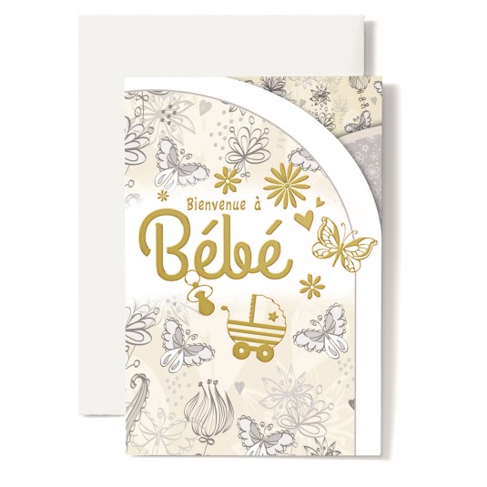 Carte Double Naissance T&eacute;tine et landeau dor&eacute;, papillons