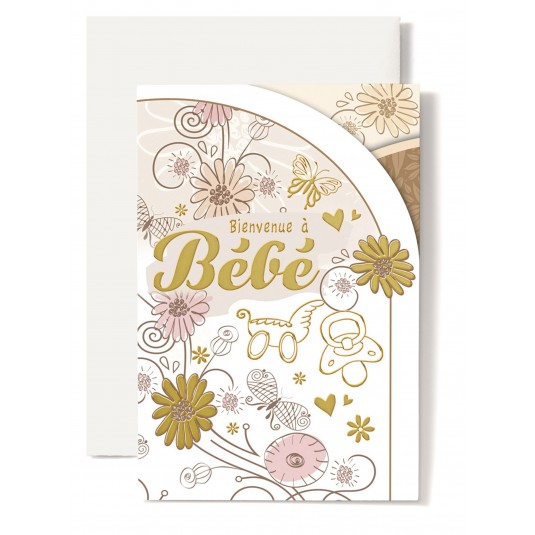 Carte Double Naissance T&eacute;tine, landeau, fleurs dor&eacute; et rose