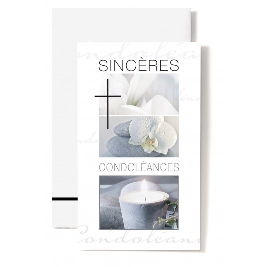 Carte Double Condol&eacute;ances Lys, orchid&eacute;e sur galet, bougeoir