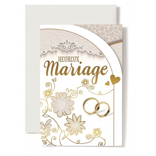 Carte Double Mariage Fleurs dessin&eacute;es, alliances