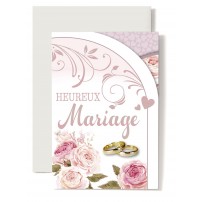 Carte Double Mariage Pivoines rose, alliances